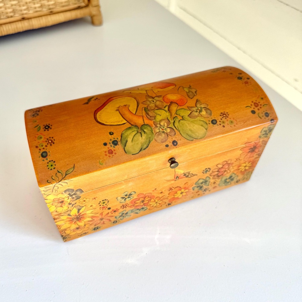 Vintage Jewelry Box Anton Pieck Style Mushroom Flowers Trinket Chest Folk Art
